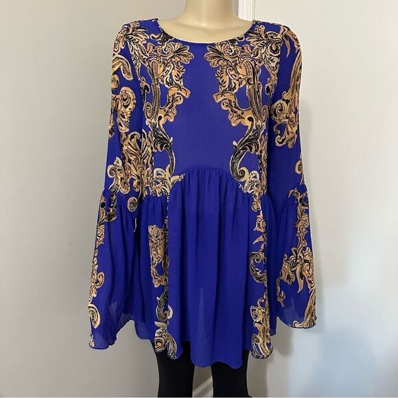 Free People Intimately Size Small Royal Blue Gold Sheer Dress Cover Up Oversized - Picture 9 of 9